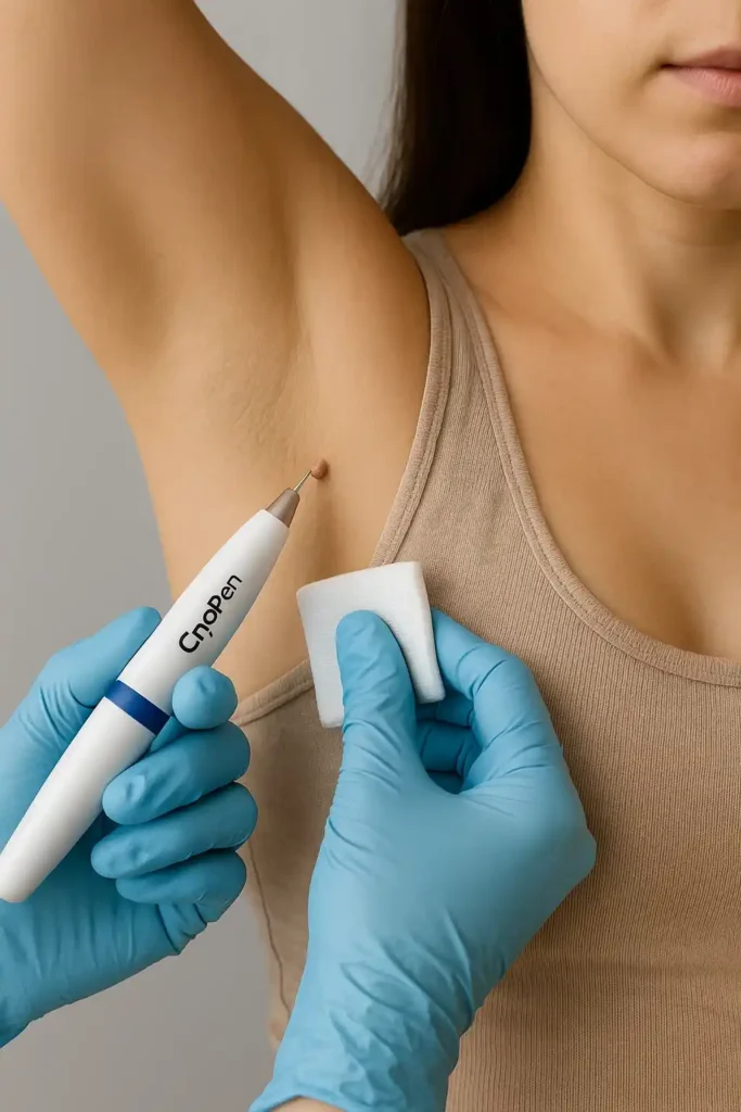woman having cryopen to remove underarm skin tags Cirencester