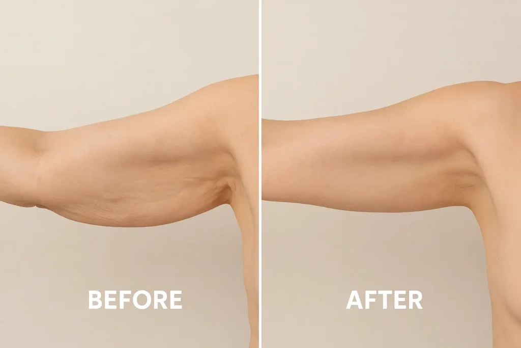 Picture of LA LIPO Cirencester before and after results of skin tightening treatment on the upper arms.