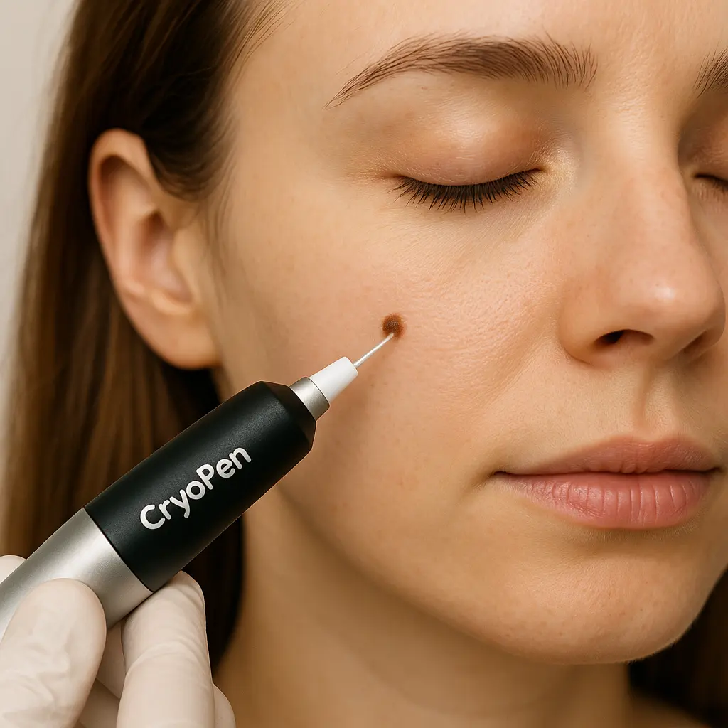 woman receiving facial mole removal Cirencester using cryopen