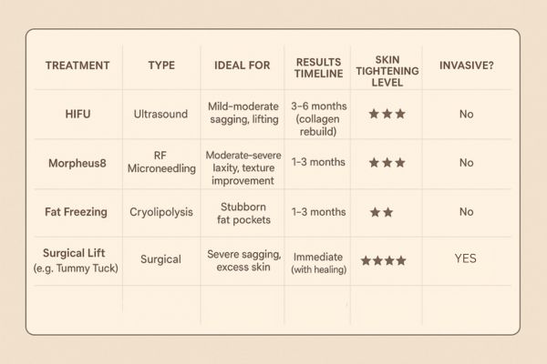 Table showing the comparisons of Skin tightening Cirencester treatment options.